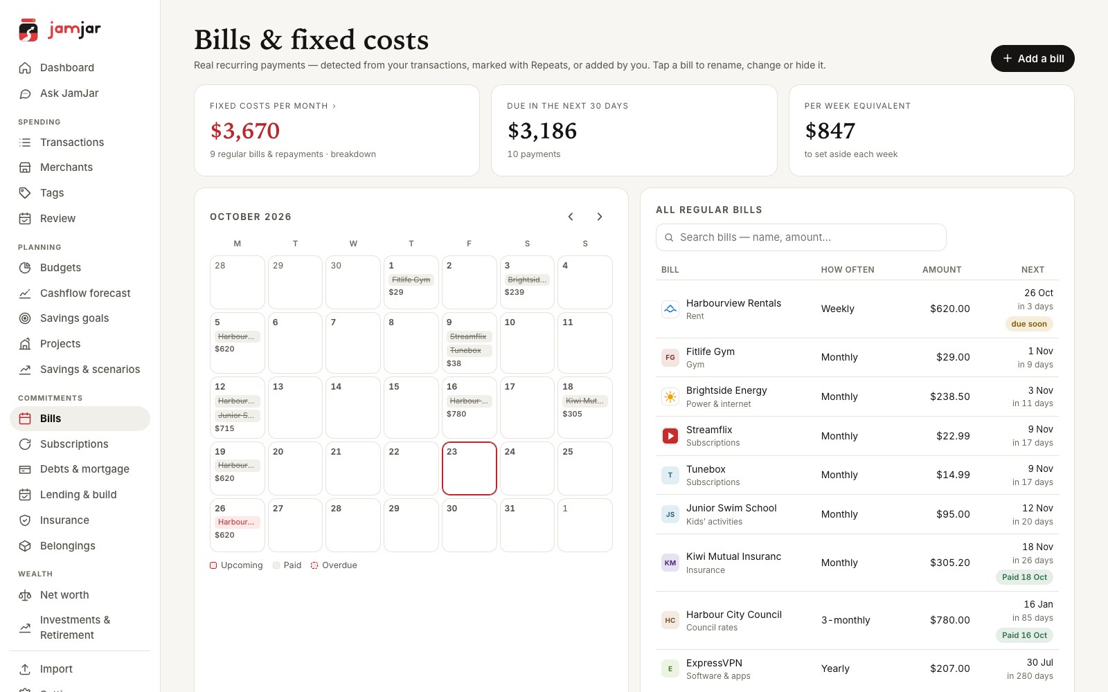 Bills calendar and the list of regular bills (demo data)