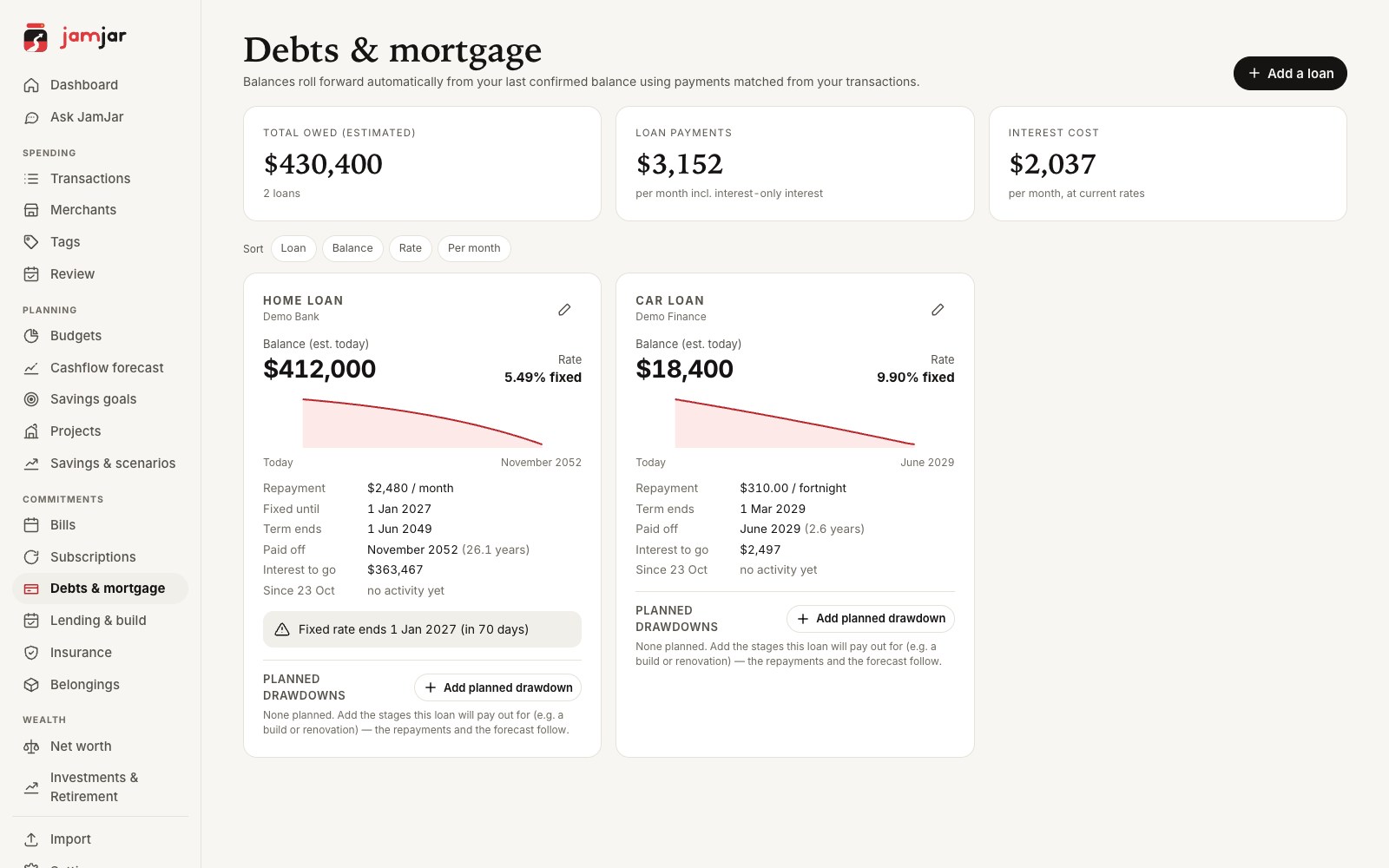 Debts and mortgage with balances and payoff (demo data)