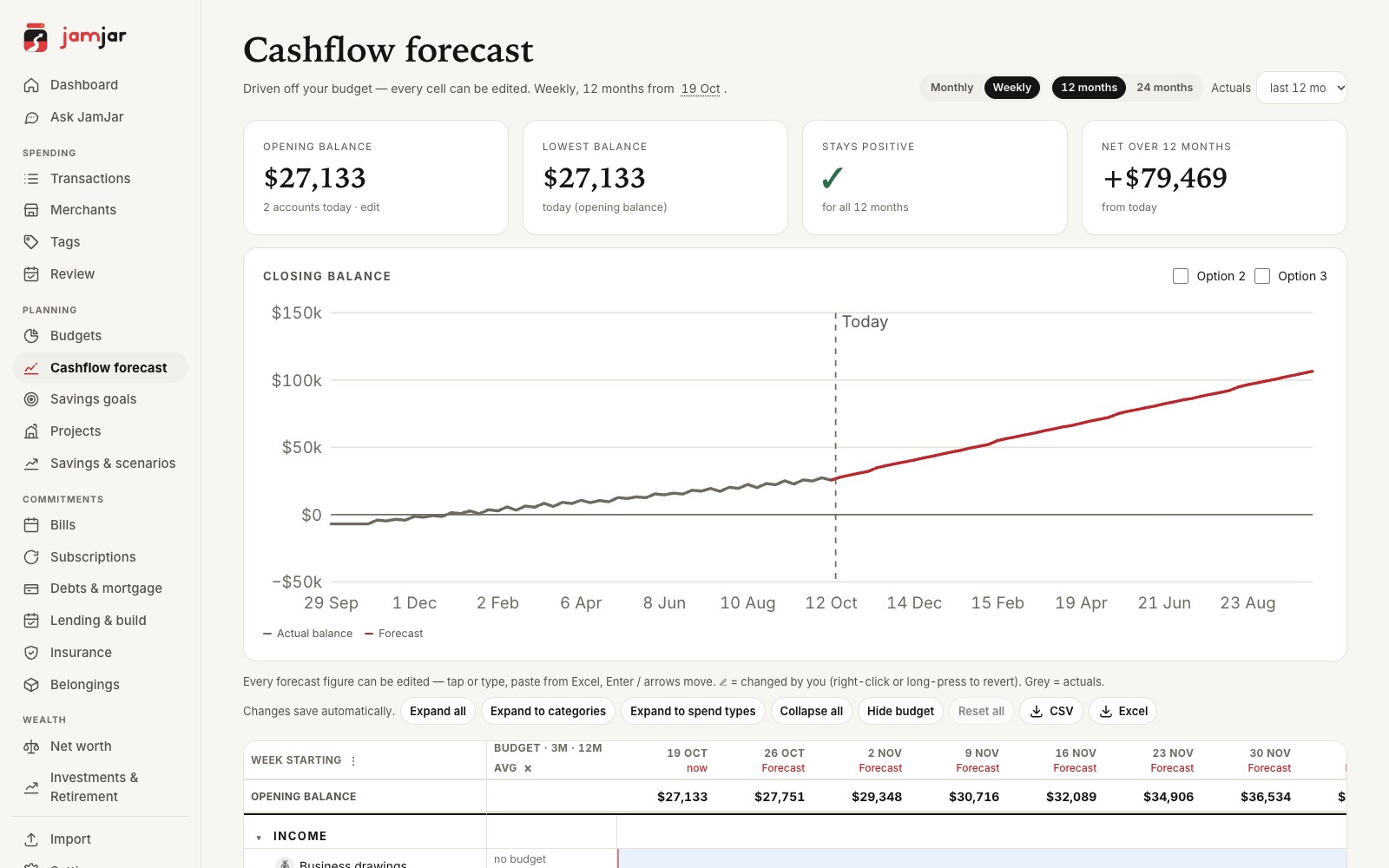 Cash flow forecast with a closing-balance chart and a weekly grid (demo data)
