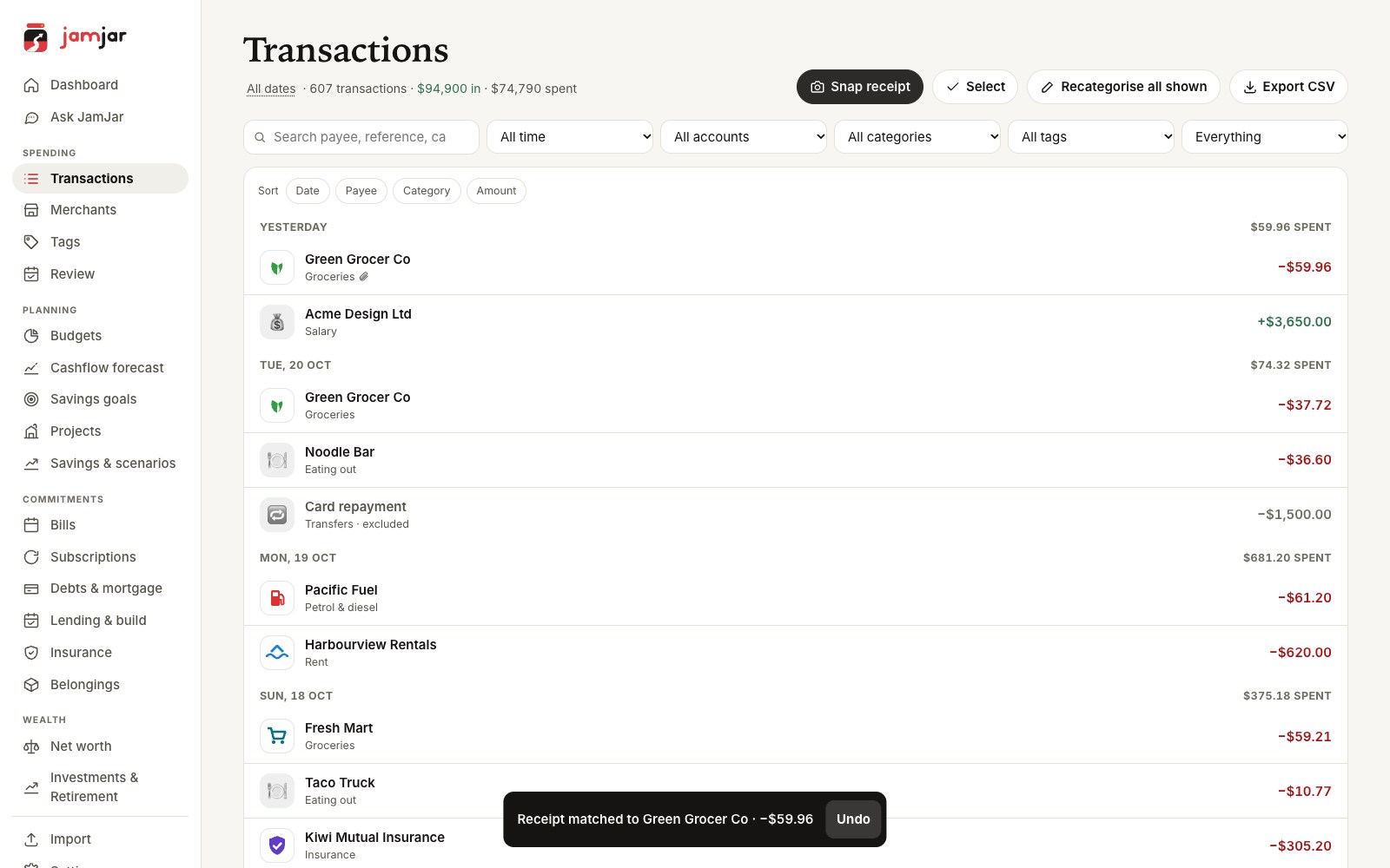 Transactions with a receipt matched to a purchase (demo data)
