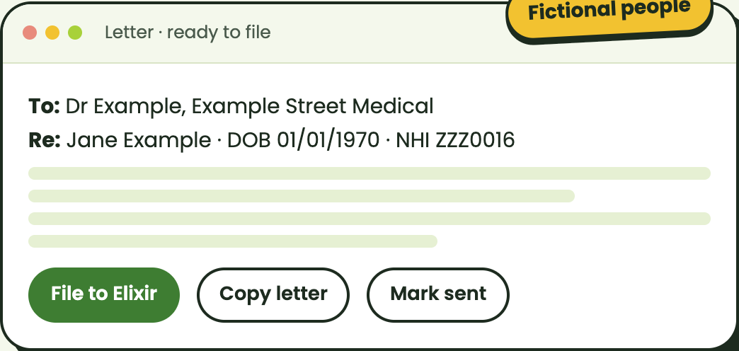 Illustration of a finished letter ready to file, fictional people