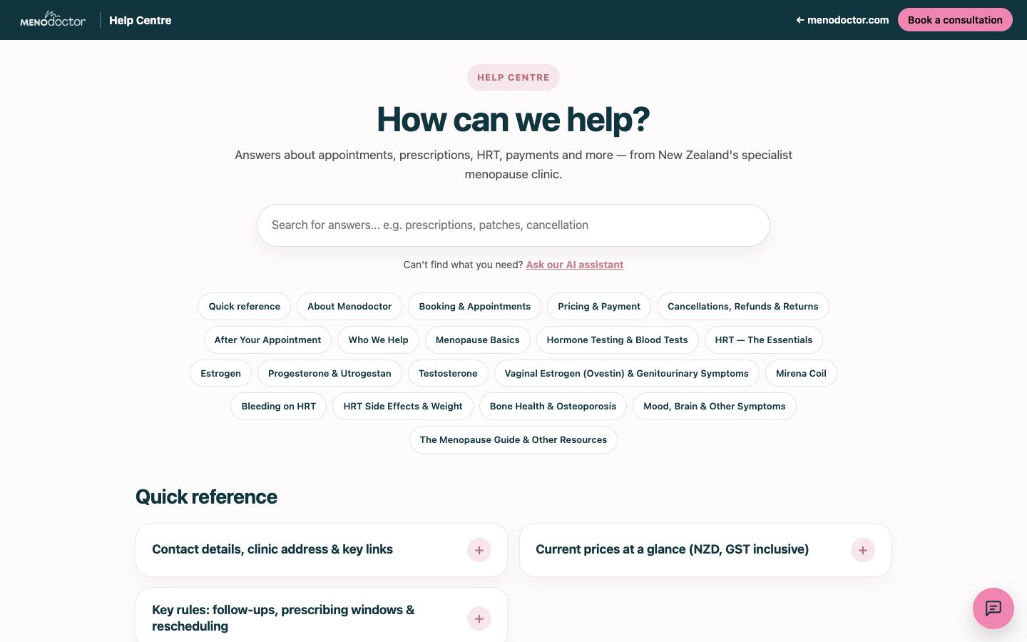 The Menodoctor Help Centre home page