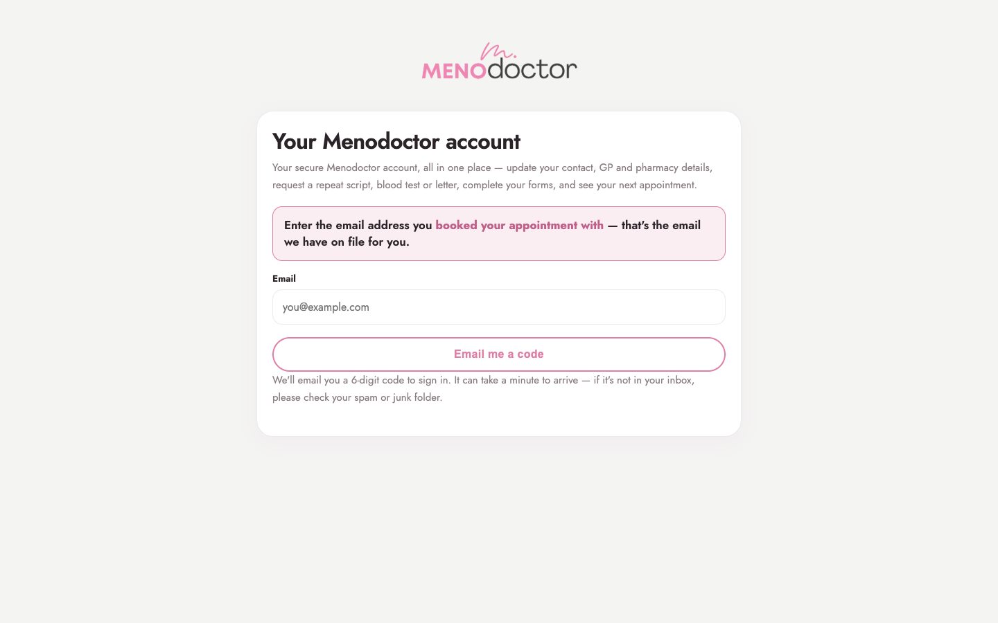 The Menodoctor patient hub sign-in page