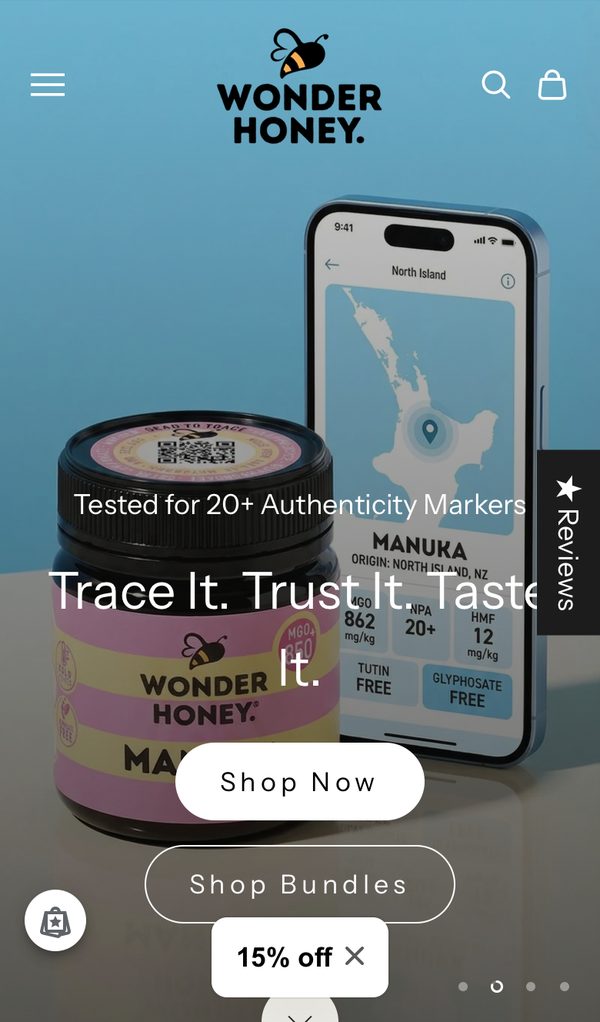 Wonder Honey homepage on a phone